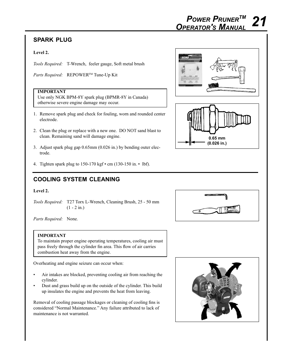 Spark plug, Cooling system cleaning | Echo PPF-225 User Manual | Page 21 / 36