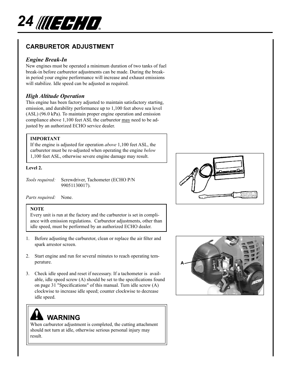 Carburetor adjustment, Warning | Echo PPF-225 User Manual | Page 24 / 36