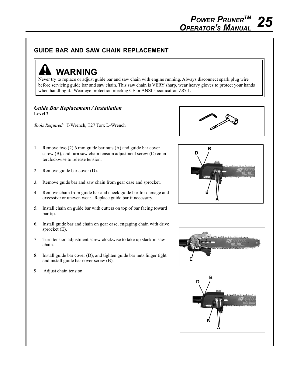 Guide bar and saw chain replacement, Warning | Echo PPF-225 User Manual | Page 25 / 36