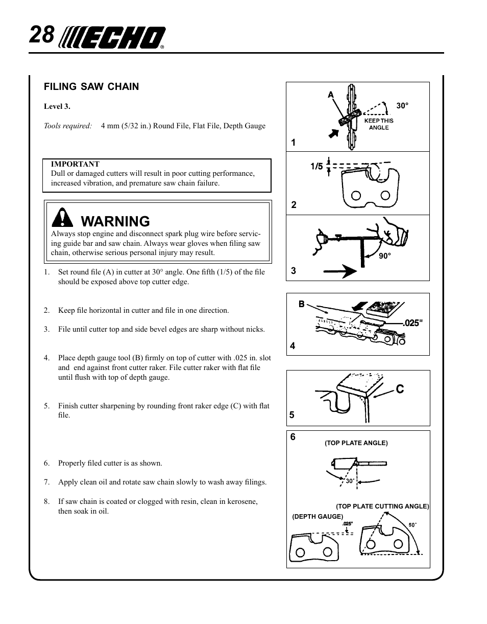 Filing saw chain, Warning | Echo PPF-225 User Manual | Page 28 / 36