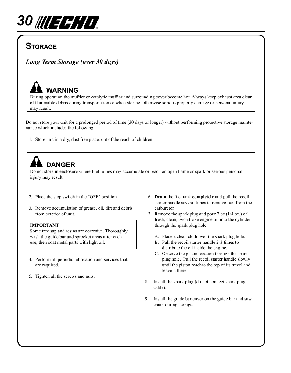 Storage, Long term storage (over 30 days) warning, Danger | Echo PPF-225 User Manual | Page 30 / 36