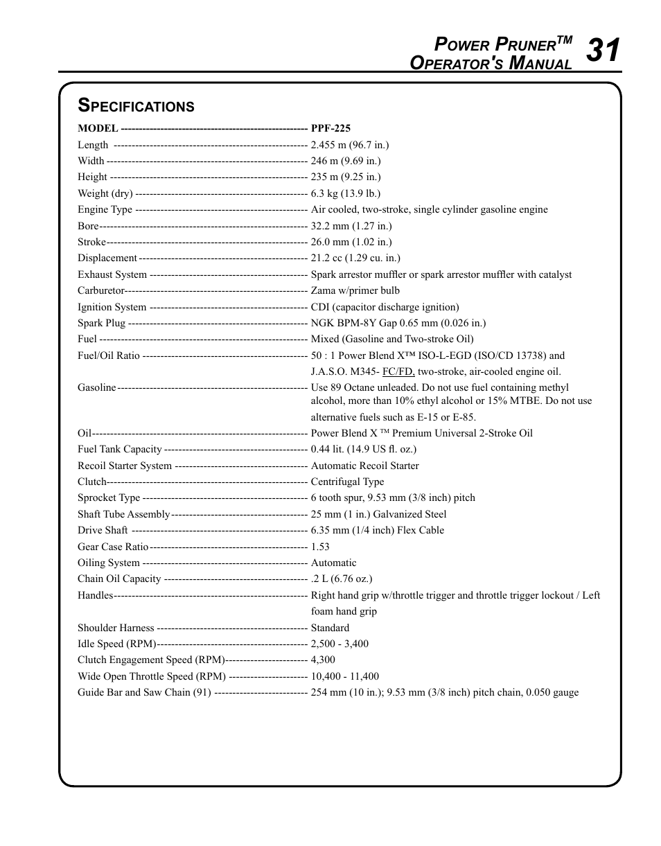 Specifications | Echo PPF-225 User Manual | Page 31 / 36