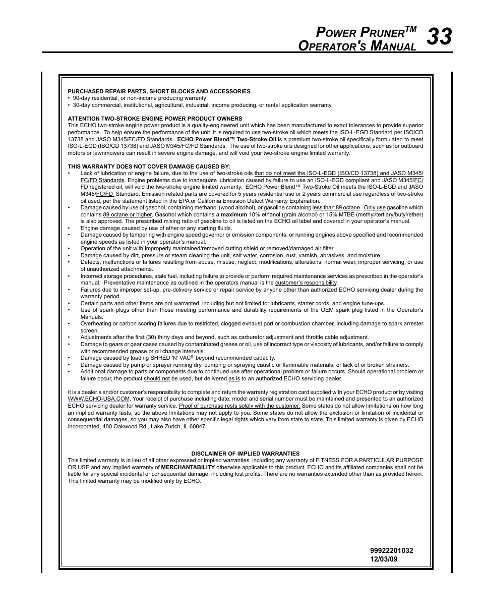 Ower, Runer, Perator | Anual | Echo PPF-225 User Manual | Page 33 / 36