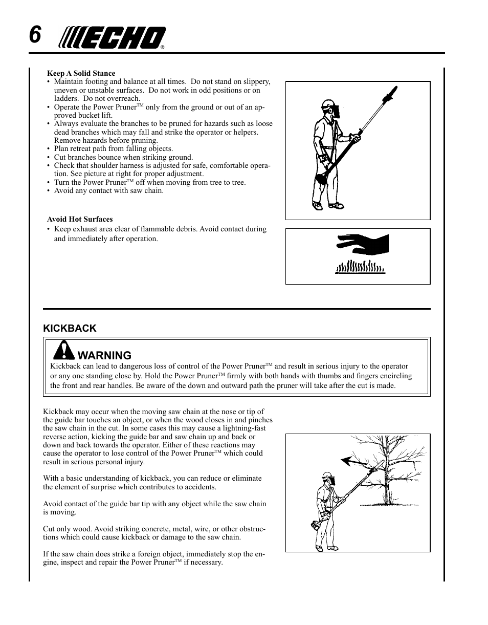 Warning, Kickback | Echo PPF-225 User Manual | Page 6 / 36