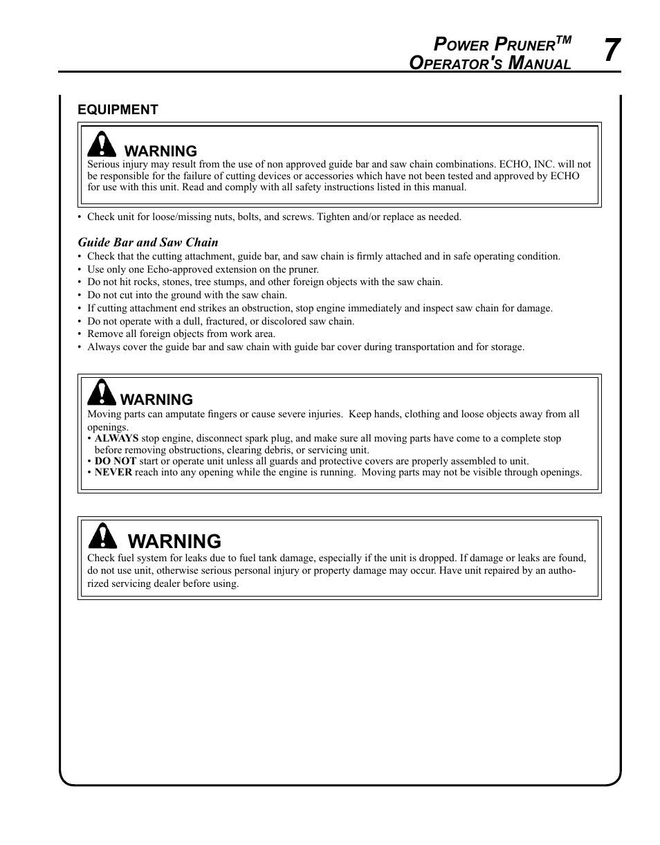 Warning | Echo PPF-225 User Manual | Page 7 / 36