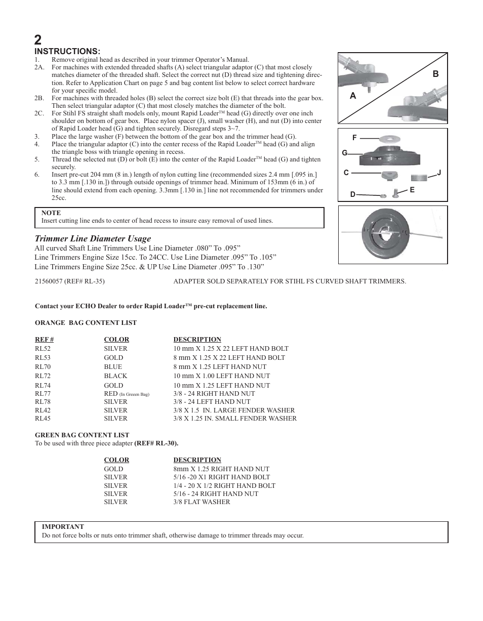 Trimmer line diameter usage | Echo 21560059 2 User Manual | Page 2 / 8