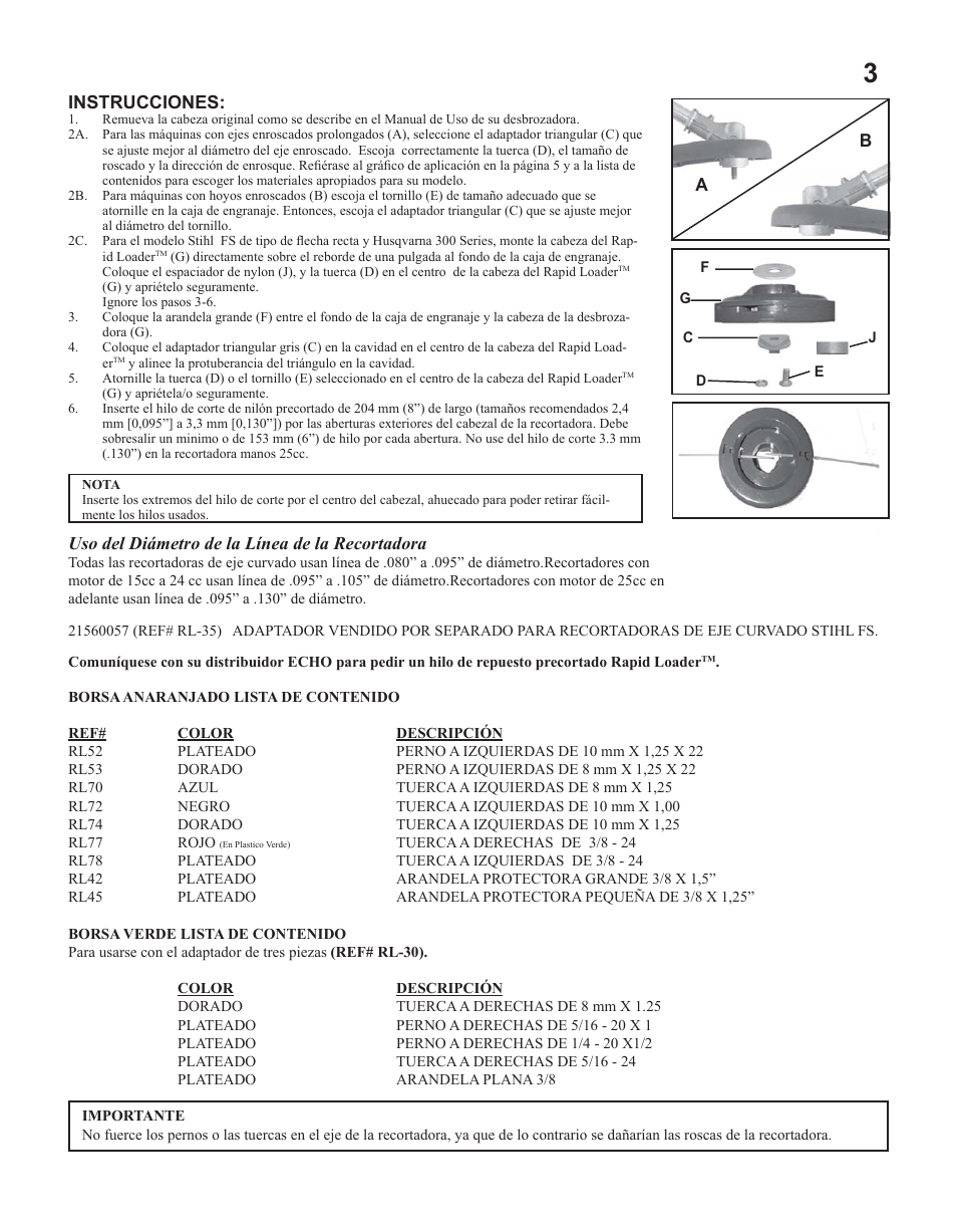 Instrucciones, Uso del diámetro de la línea de la recortadora | Echo 21560059 2 User Manual | Page 3 / 8