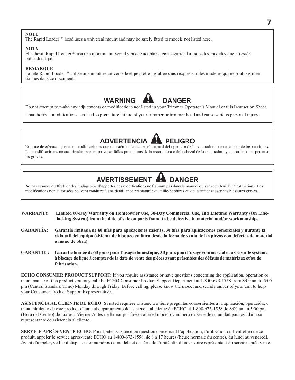 Warning danger, Advertencia peligro, Avertissement danger | Echo 21560059 2 User Manual | Page 7 / 8