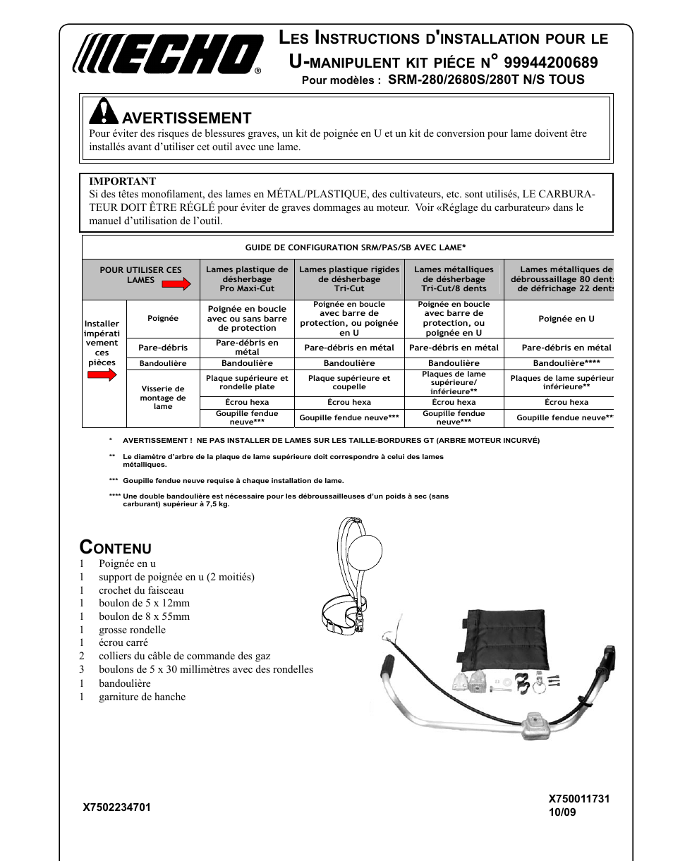 Avertissement, Nstructions, Installation | Pour, Manipulent, Piéce, Ontenu | Echo U-HANDLE SRM-280S User Manual | Page 11 / 16