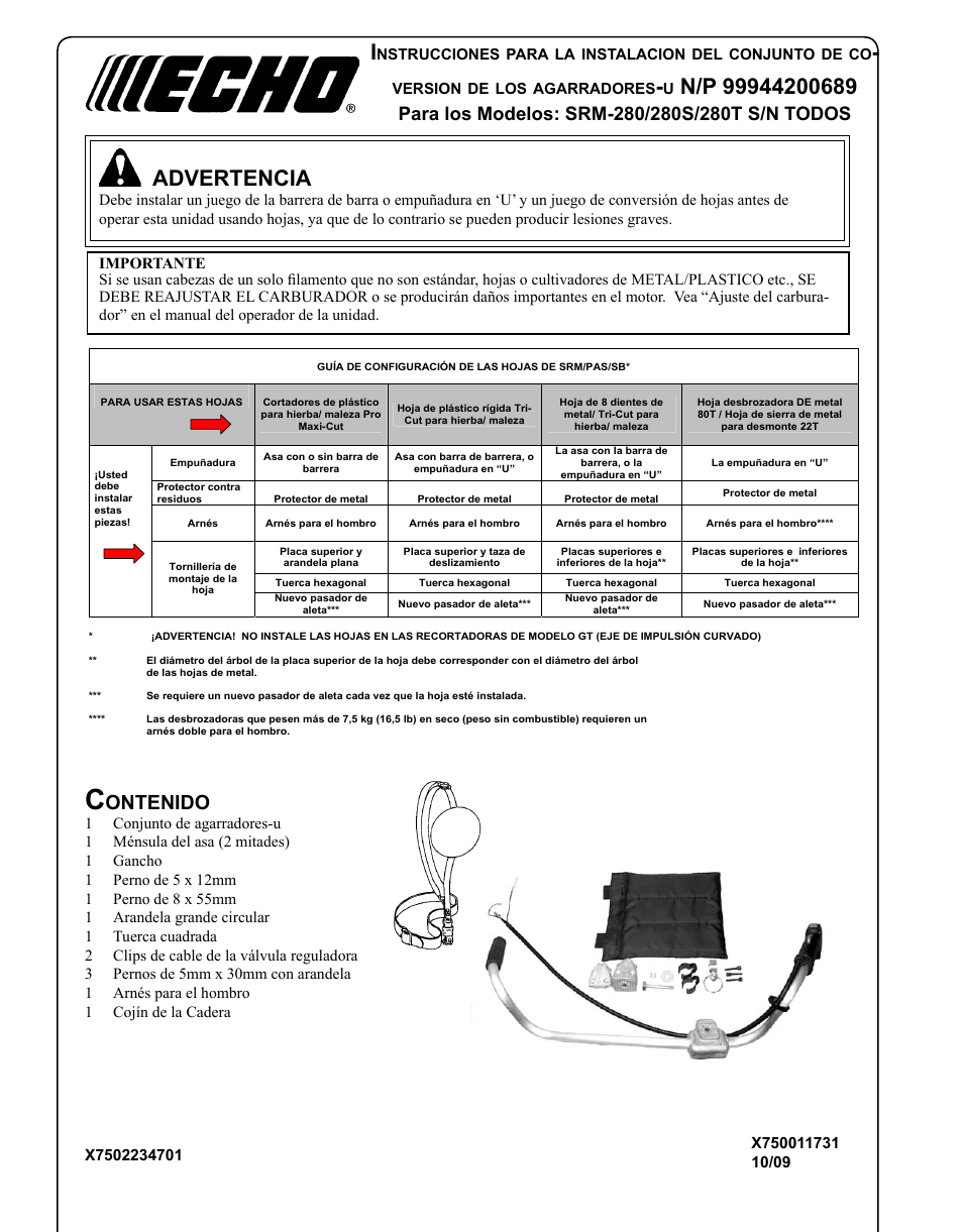 Advertencia, Ontenido | Echo U-HANDLE SRM-280S User Manual | Page 6 / 16