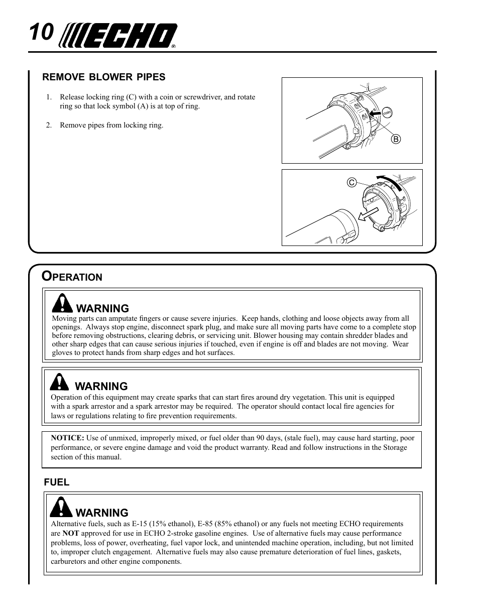 Remove blower pipes, Operation, Fuel | Echo PB-255 User Manual | Page 10 / 28