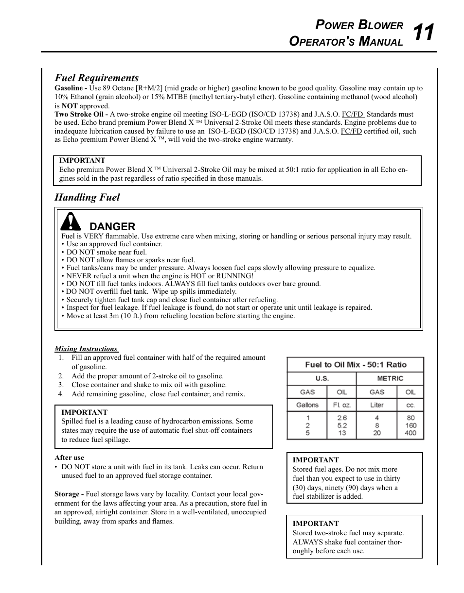 Handling fuel, Danger, Fuel requirements | Echo PB-255 User Manual | Page 11 / 28