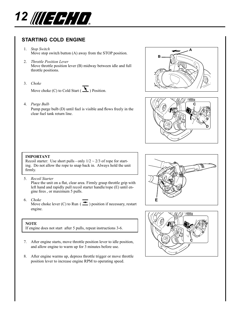 Starting cold engine | Echo PB-255 User Manual | Page 12 / 28