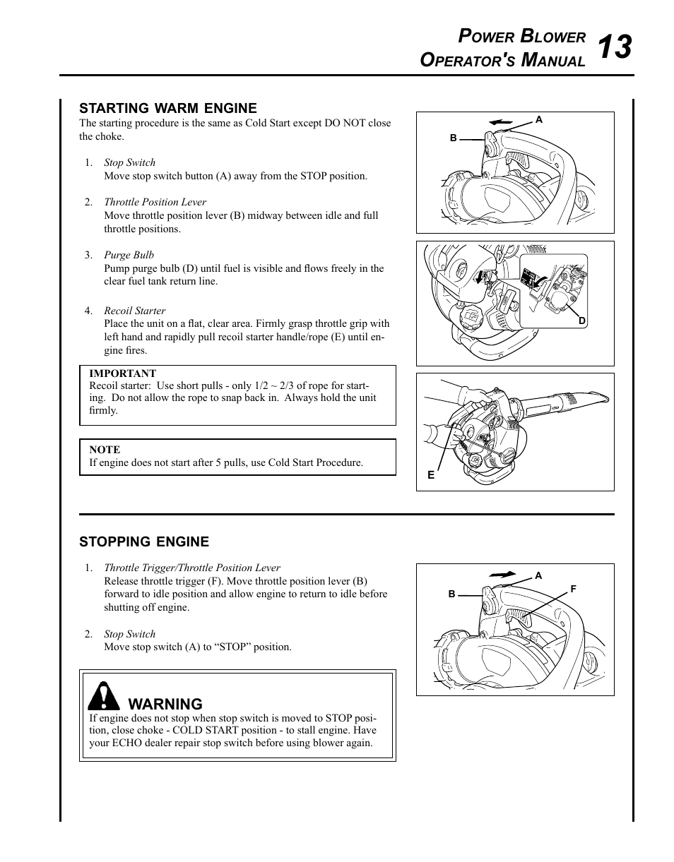 Starting warm engine, Stopping engine | Echo PB-255 User Manual | Page 13 / 28