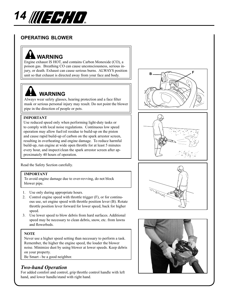 Operating blower, Two-hand operation, Warning | Echo PB-255 User Manual | Page 14 / 28