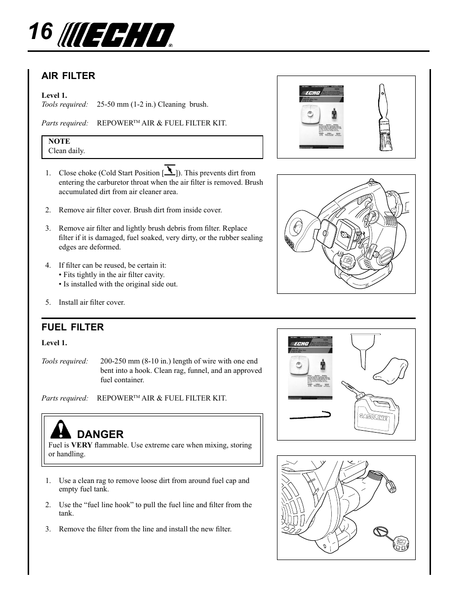 Air filter, Fuel filter, Danger | Echo PB-255 User Manual | Page 16 / 28