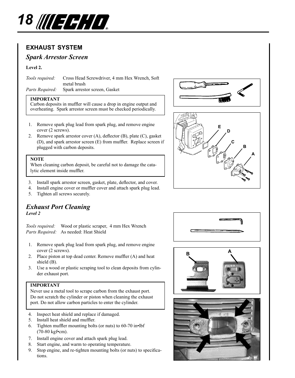 Exhaust system, Spark arrestor screen, Exhaust port cleaning | Echo PB-255 User Manual | Page 18 / 28