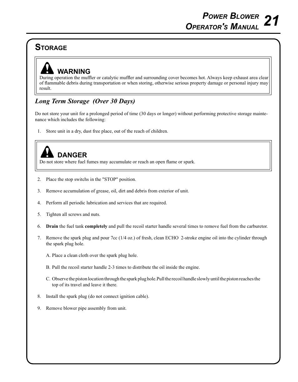 Storage | Echo PB-255 User Manual | Page 21 / 28