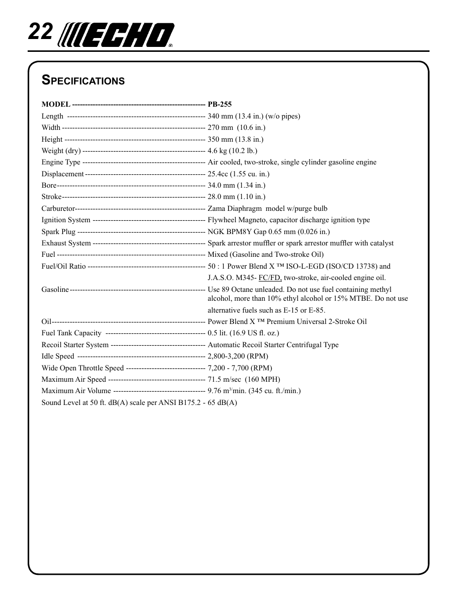 Specifications | Echo PB-255 User Manual | Page 22 / 28