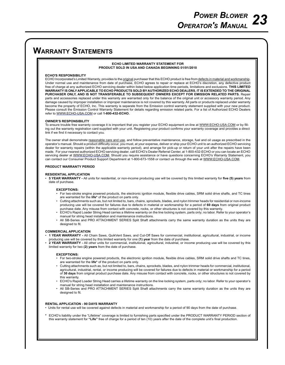 Warranty statements, Ower, Lower | Perator, Anual, Arranty, Tatements | Echo PB-255 User Manual | Page 23 / 28