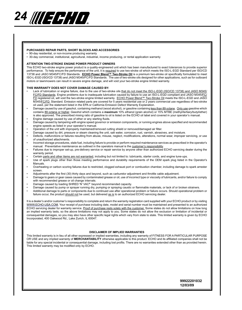 Echo PB-255 User Manual | Page 24 / 28