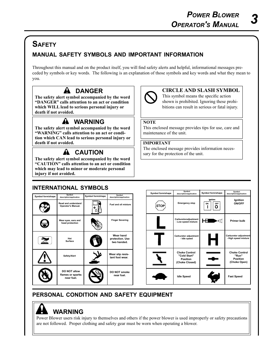 Safety, Warning, Caution | Danger, Ower, Lower, Perator, Anual, Afety manual, Symbols | Echo PB-255 User Manual | Page 3 / 28