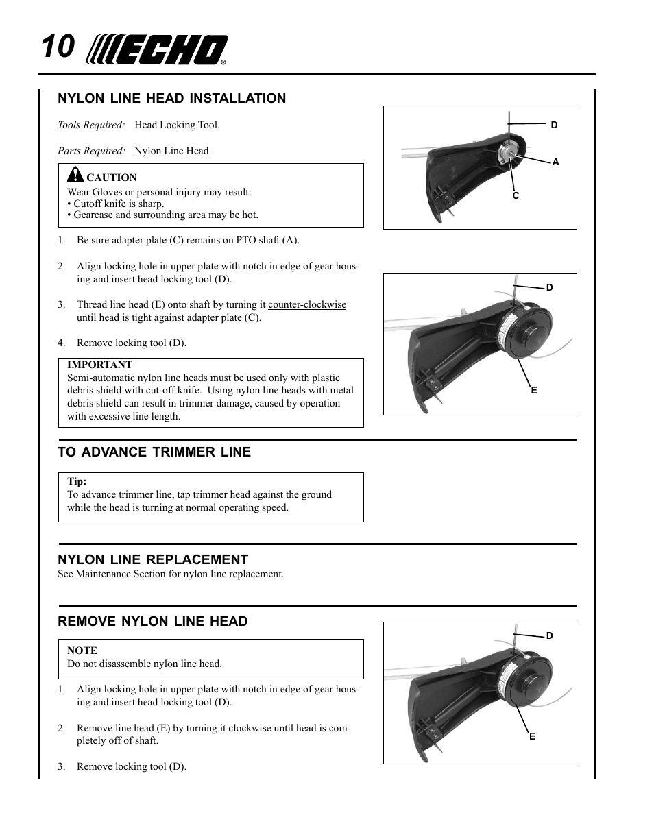 Nylon line head installation, To advance trimmer line, Nylon line replacement | Remove nylon line head | Echo SRM-265 User Manual | Page 10 / 36