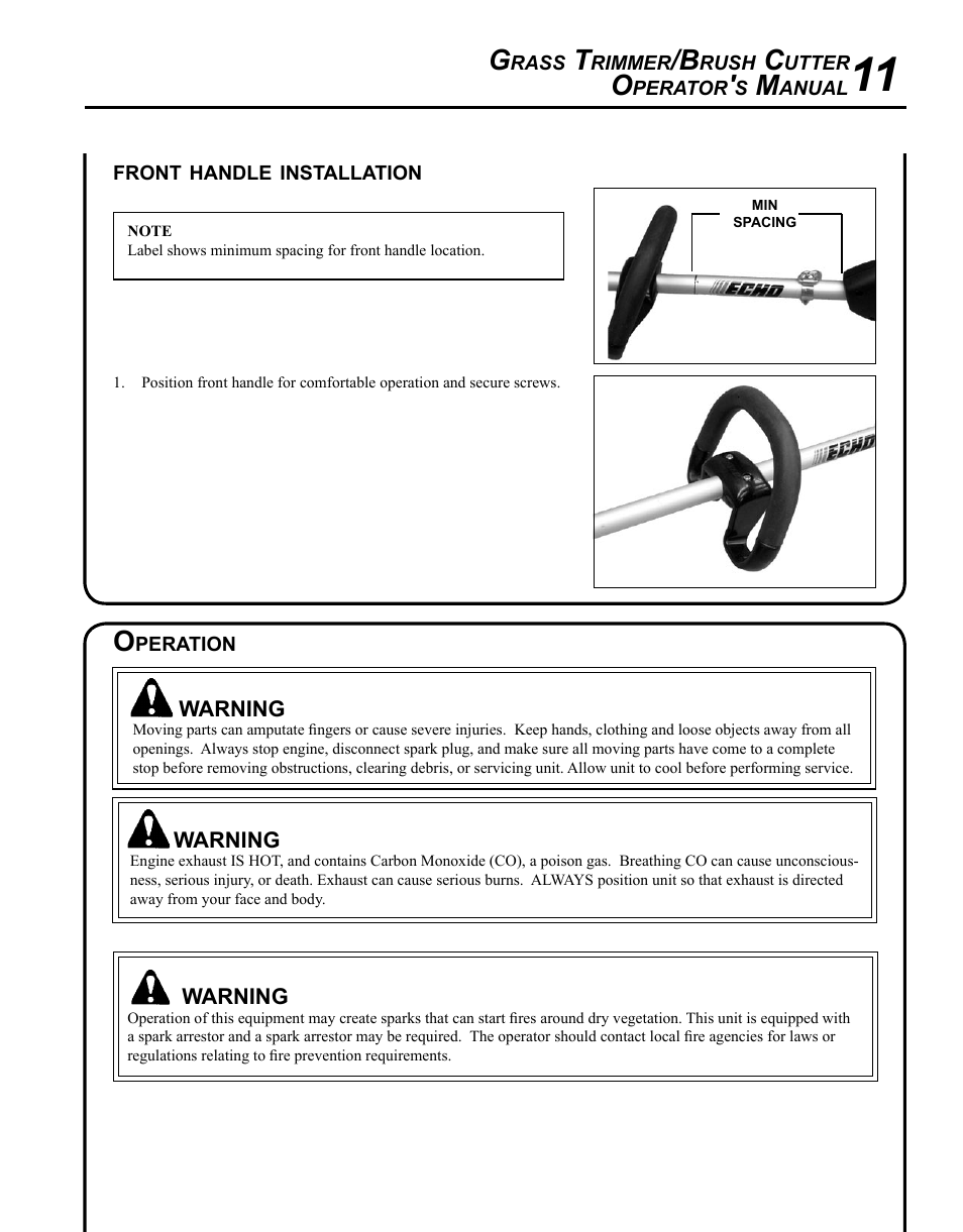 Front handle installation, Operation | Echo SRM-265 User Manual | Page 11 / 36