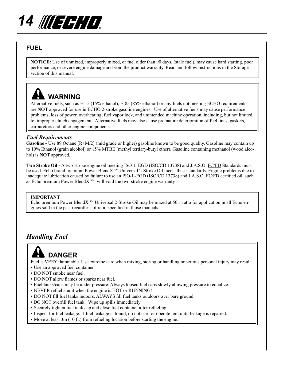 Fuel, Warning, Handling fuel | Danger | Echo SRM-265 User Manual | Page 14 / 36