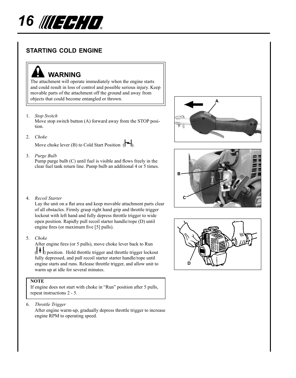 Starting cold engine, Warning | Echo SRM-265 User Manual | Page 16 / 36