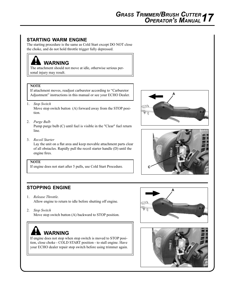 Starting warm engine, Stopping engine | Echo SRM-265 User Manual | Page 17 / 36