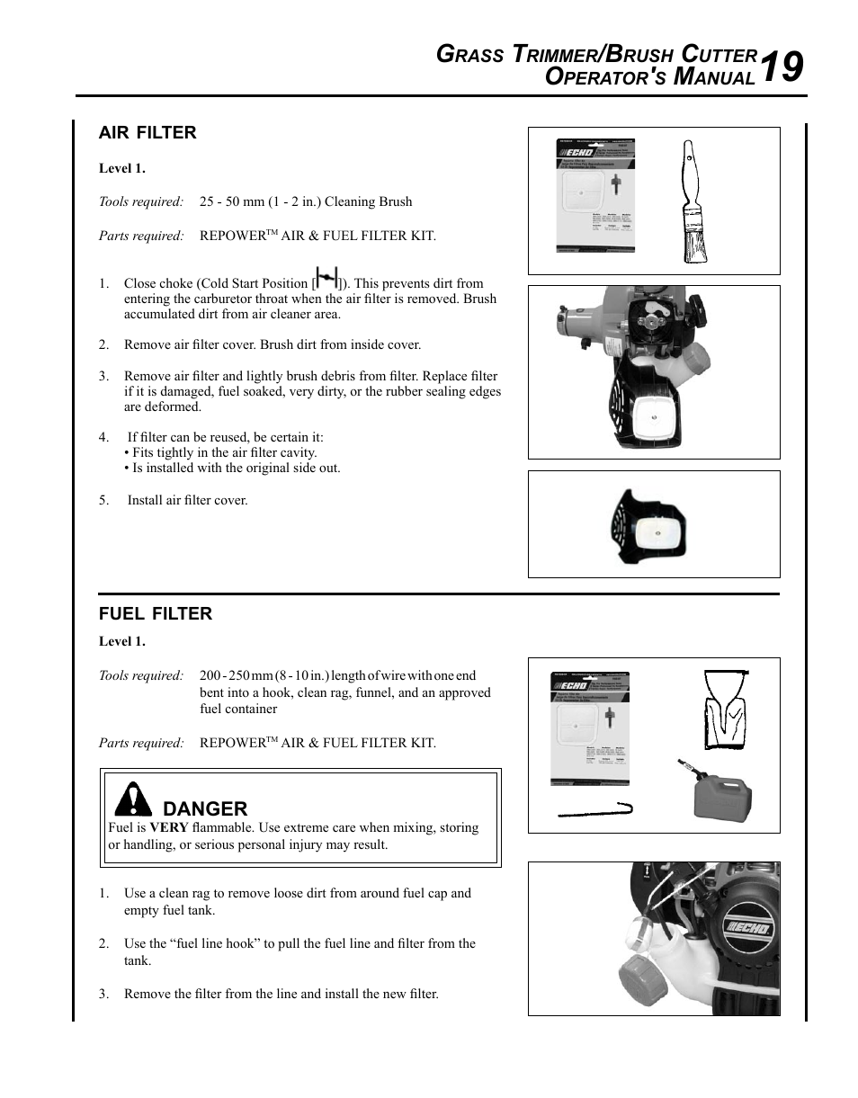 Air filter, Fuel filter | Echo SRM-265 User Manual | Page 19 / 36