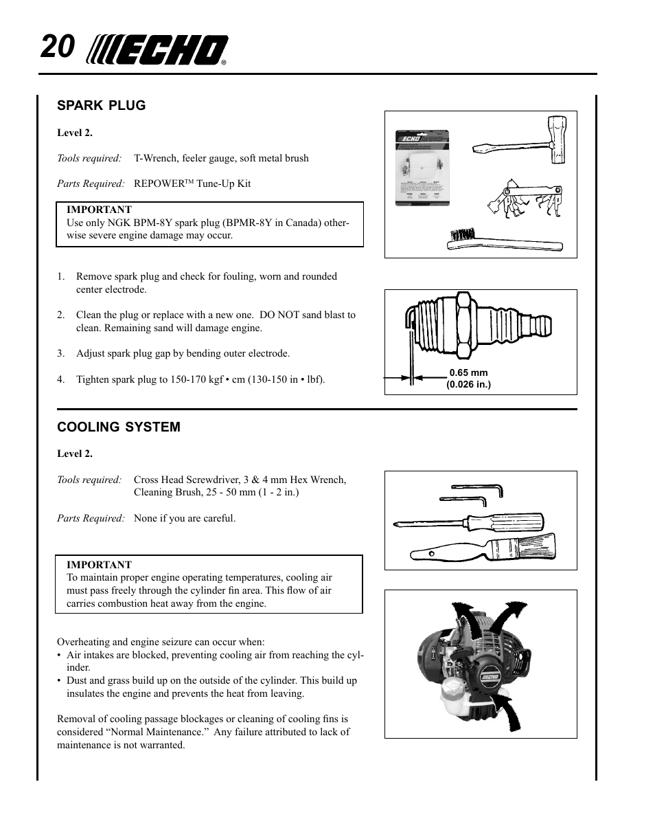 Spark plug, Cooling system | Echo SRM-265 User Manual | Page 20 / 36