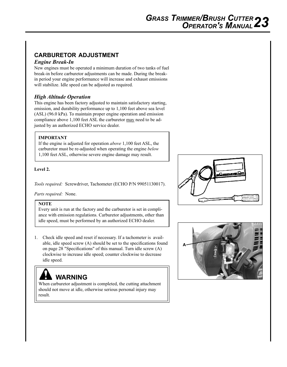 Carburetor adjustment | Echo SRM-265 User Manual | Page 23 / 36