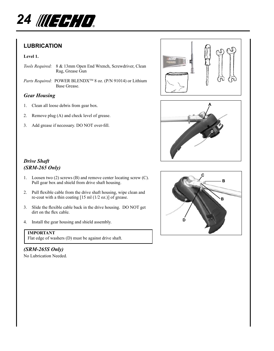 Lubrication | Echo SRM-265 User Manual | Page 24 / 36