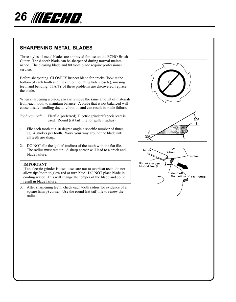 Sharpening metal blades | Echo SRM-265 User Manual | Page 26 / 36