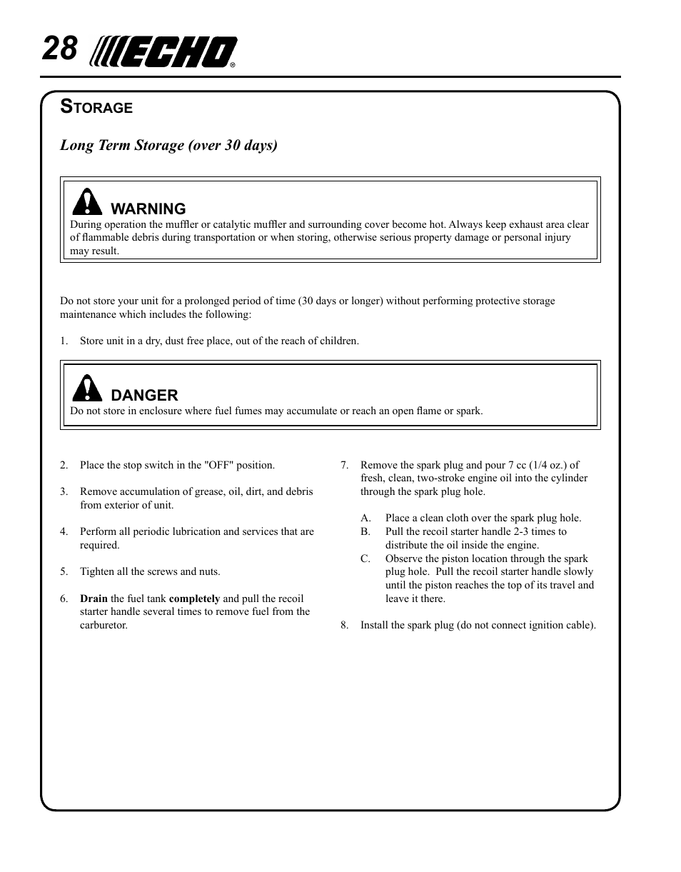 Storage, Danger, Long term storage (over 30 days) warning | Echo SRM-265 User Manual | Page 28 / 36