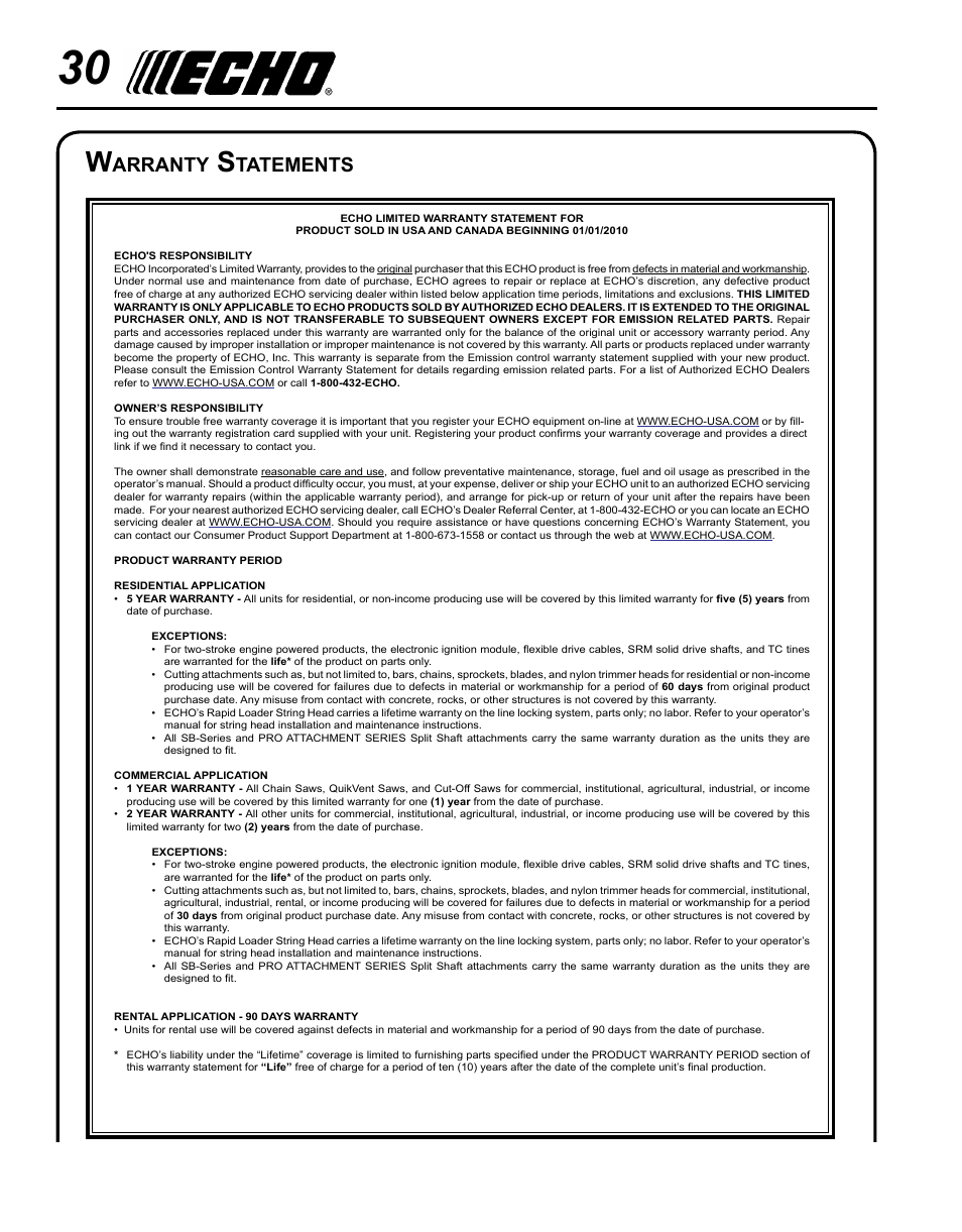 Warranty statements, Arranty, Tatements | Echo SRM-265 User Manual | Page 30 / 36