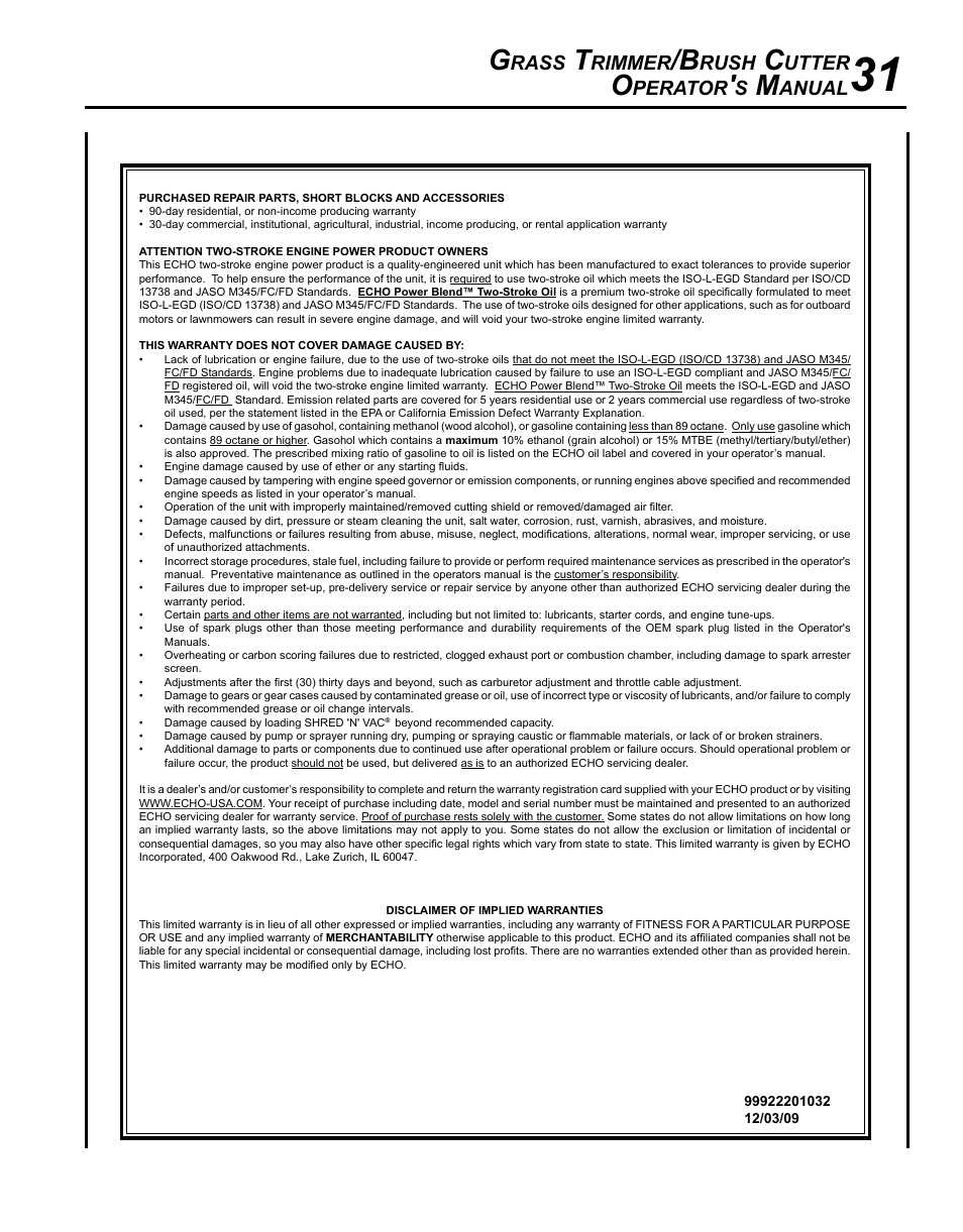 Rass, Rimmer, Rush | Utter, Perator, Anual | Echo SRM-265 User Manual | Page 31 / 36