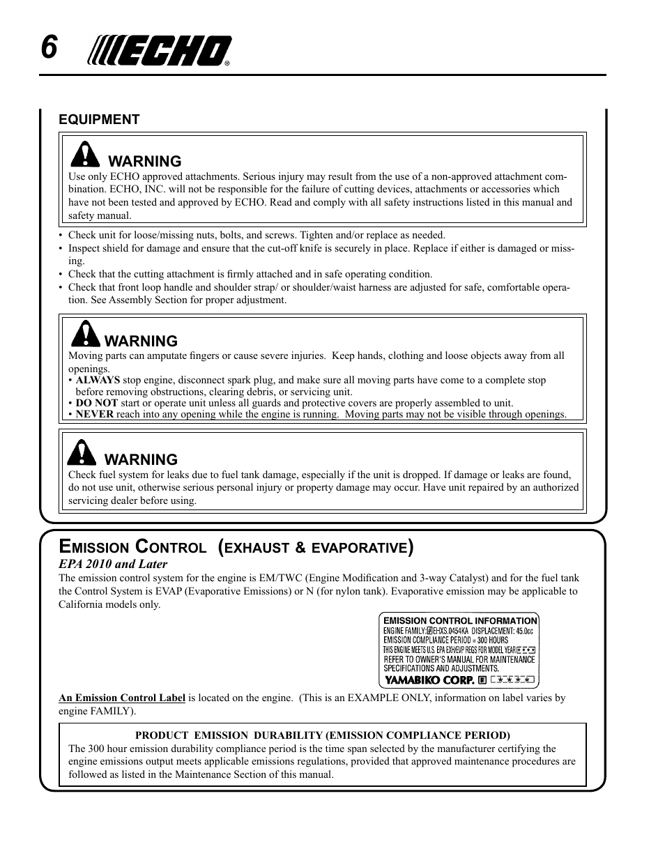 Emission control (exhaust & evaporative) | Echo SRM-265 User Manual | Page 6 / 36