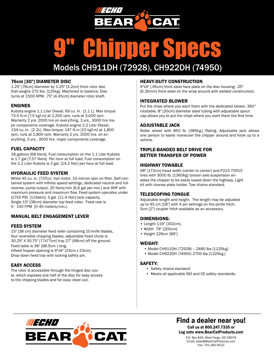 9" chipper specs, Find a dealer near you | Echo Bear Cat CH911DH (72928) User Manual | Page 2 / 2