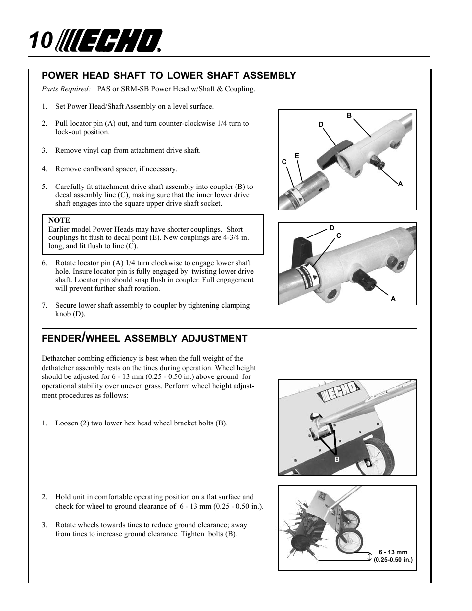 Power head shaft to lower shaft assembly, Fender/wheel assembly adjustment | Echo PROTHATCH 99944200563 User Manual | Page 10 / 20