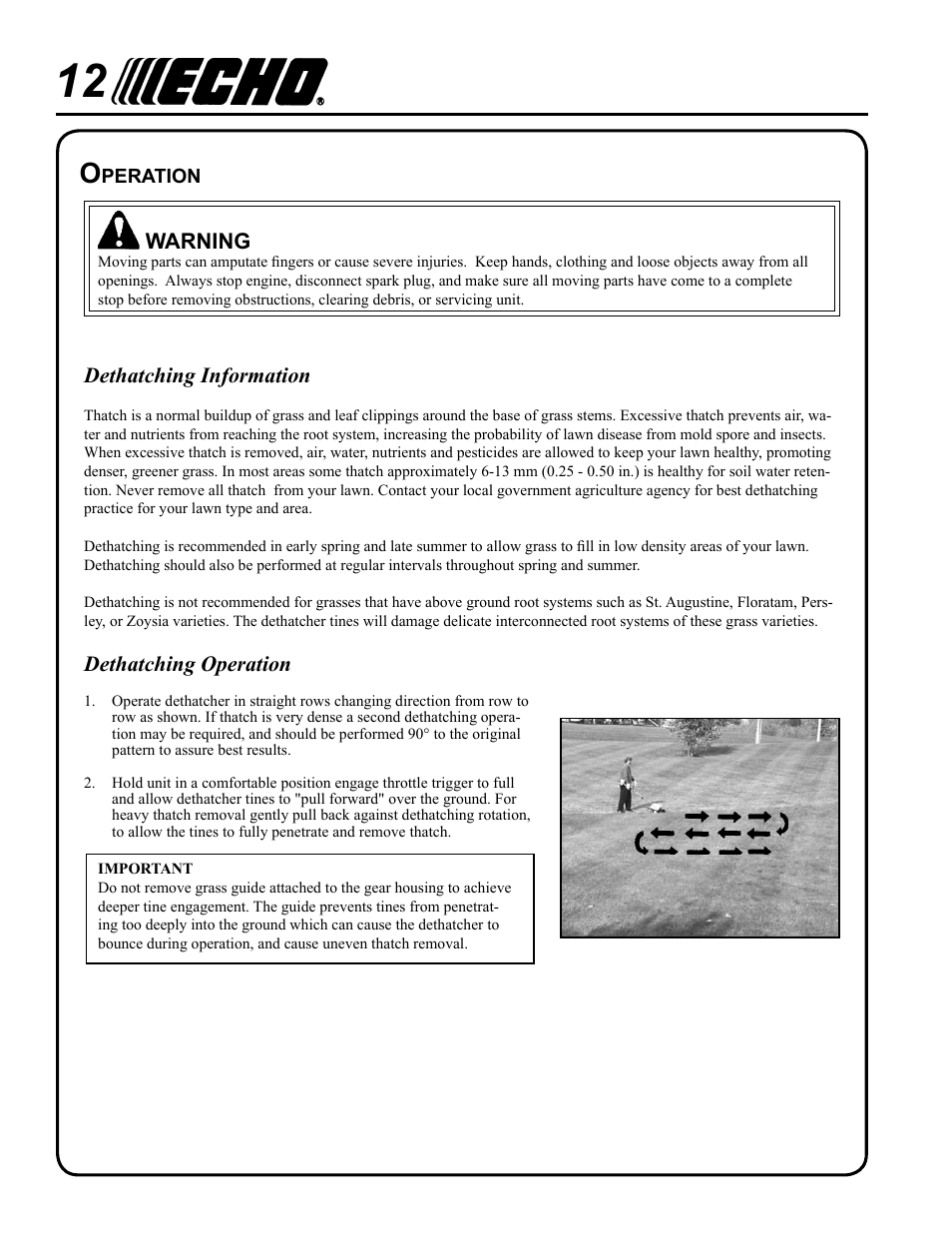 Operation, Dethatching information, Dethatching operation | Warning | Echo PROTHATCH 99944200563 User Manual | Page 12 / 20