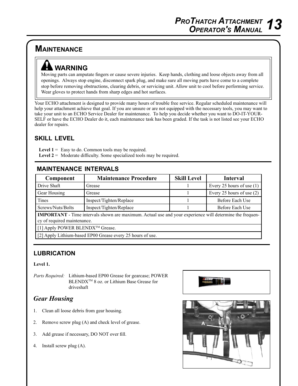 Maintenance, Lubrication | Echo PROTHATCH 99944200563 User Manual | Page 13 / 20