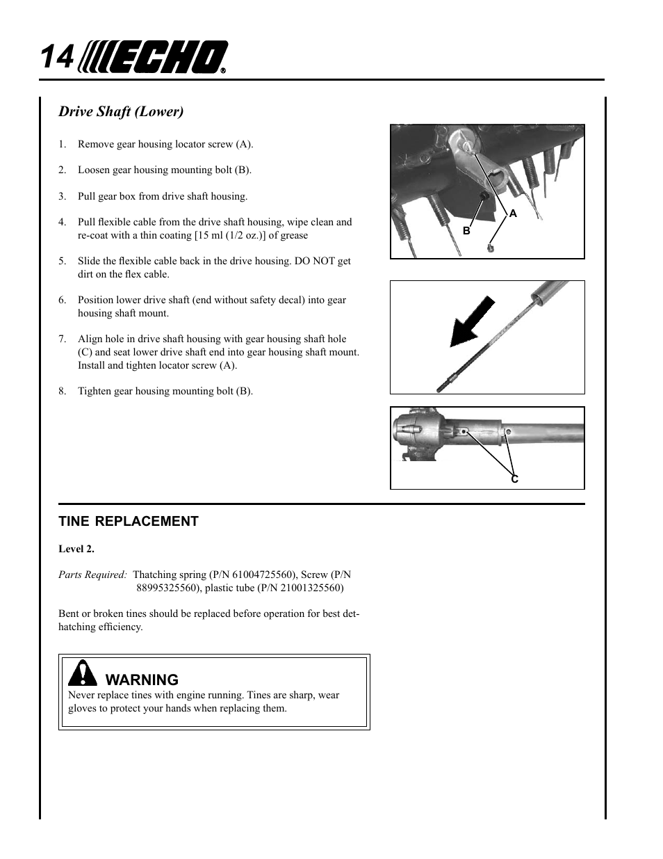 Tine replacement, Drive shaft (lower), Warning | Echo PROTHATCH 99944200563 User Manual | Page 14 / 20