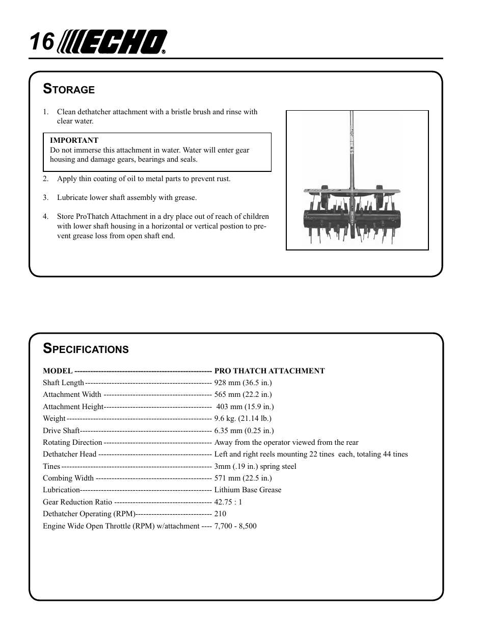 Storage, Specifications | Echo PROTHATCH 99944200563 User Manual | Page 16 / 20