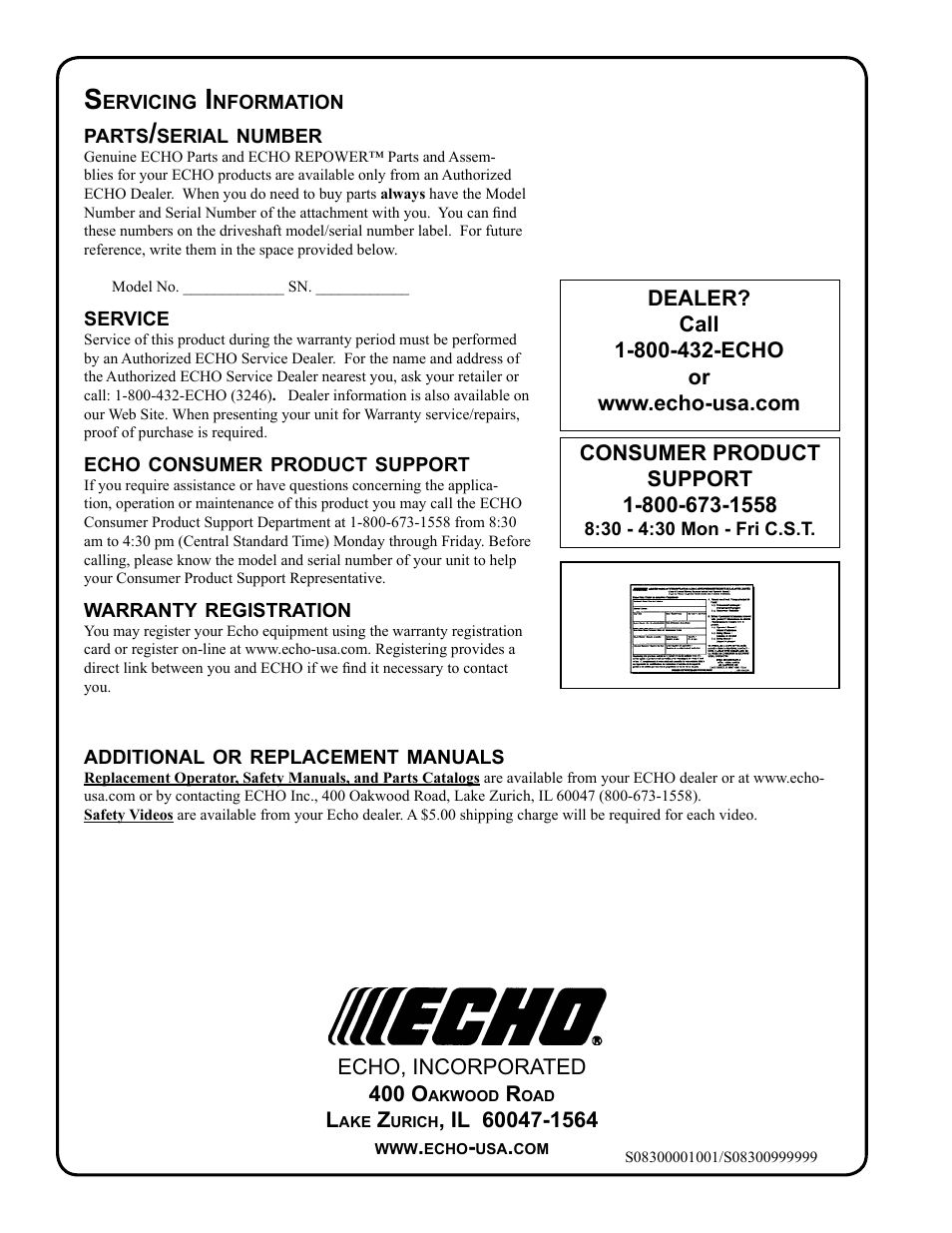 Servicing information | Echo PROTHATCH 99944200563 User Manual | Page 20 / 20