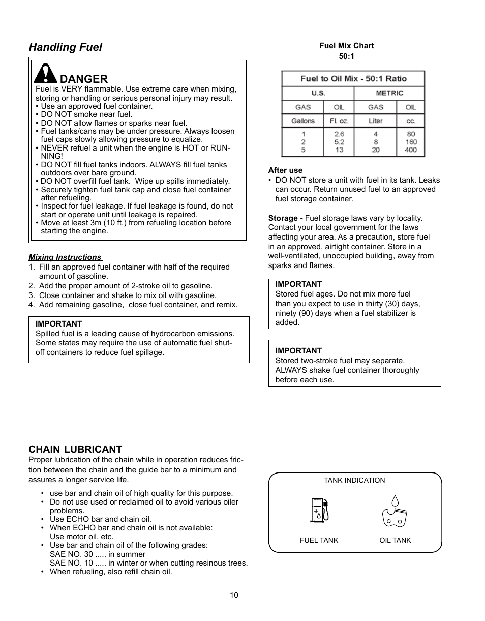 Chain lubricant, Handling fuel, Danger | Chain, Lubricant | Echo CS-341 User Manual | Page 10 / 32