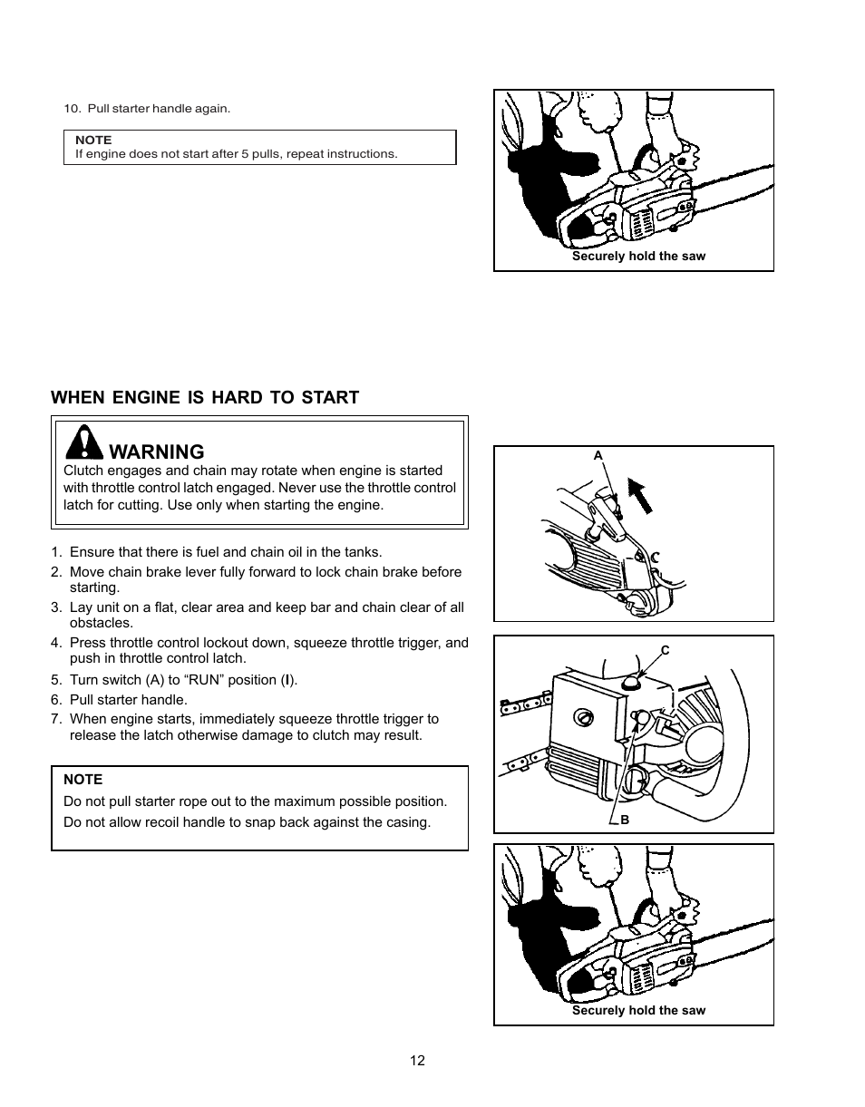 When engine is hard to start, Starting warm engine, Warning | Echo CS-341 User Manual | Page 12 / 32