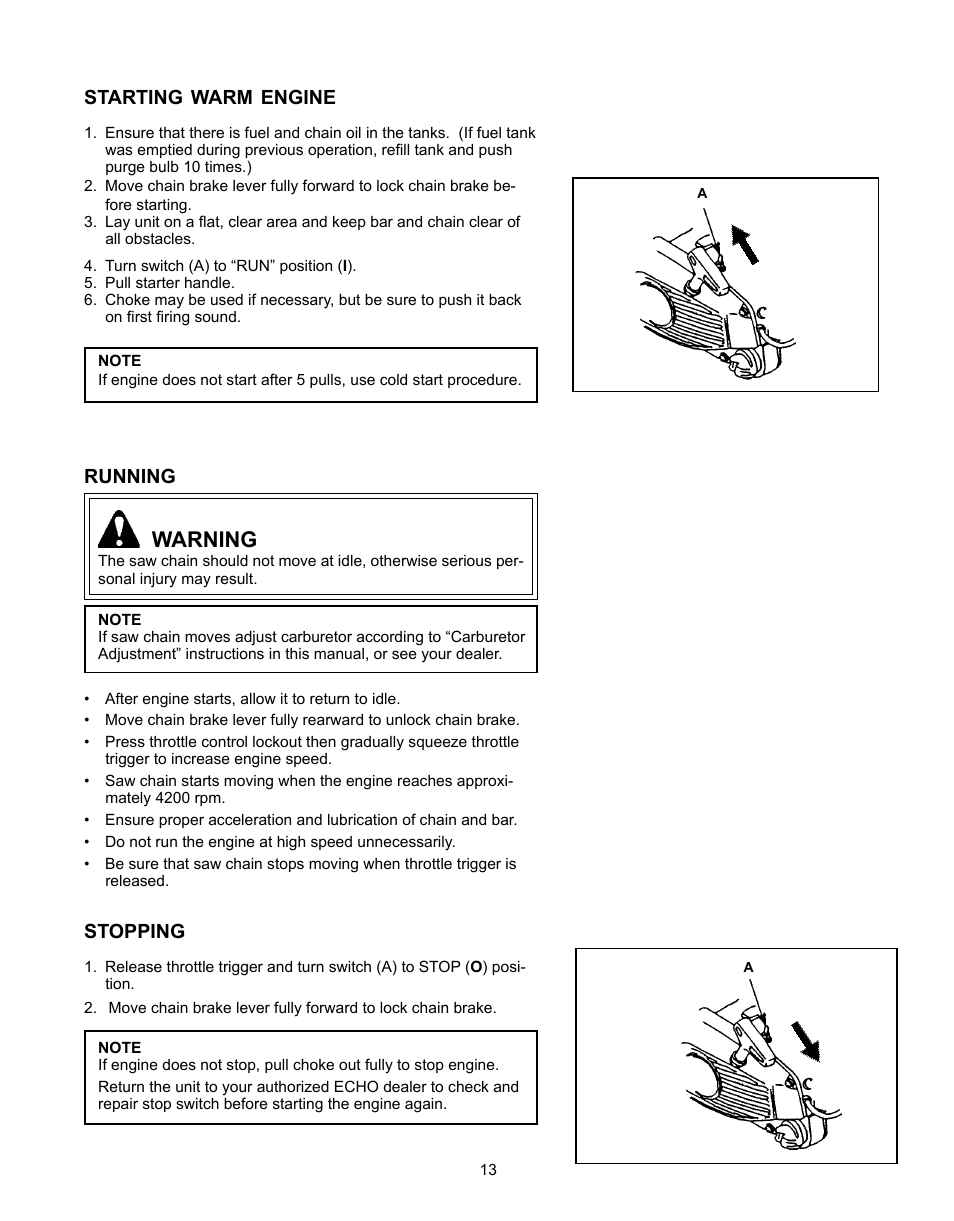 Running, Stopping, Warning | Echo CS-341 User Manual | Page 13 / 32